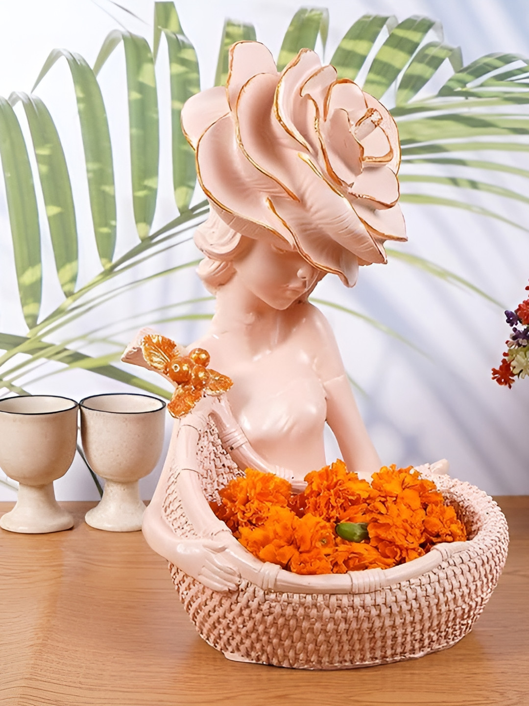Zart Lady with Basket Pink Polyresin Natural Living Room Medium Showpiece - 11 Inches