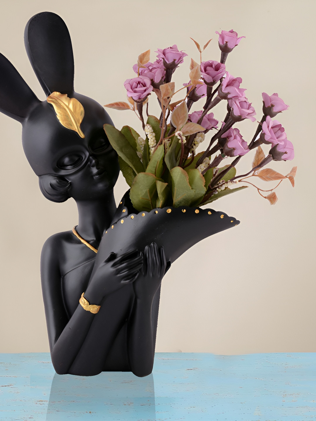 Zart Flower Girl Black Polyresin Natural Living Room Medium Showpiece - 14 Inches