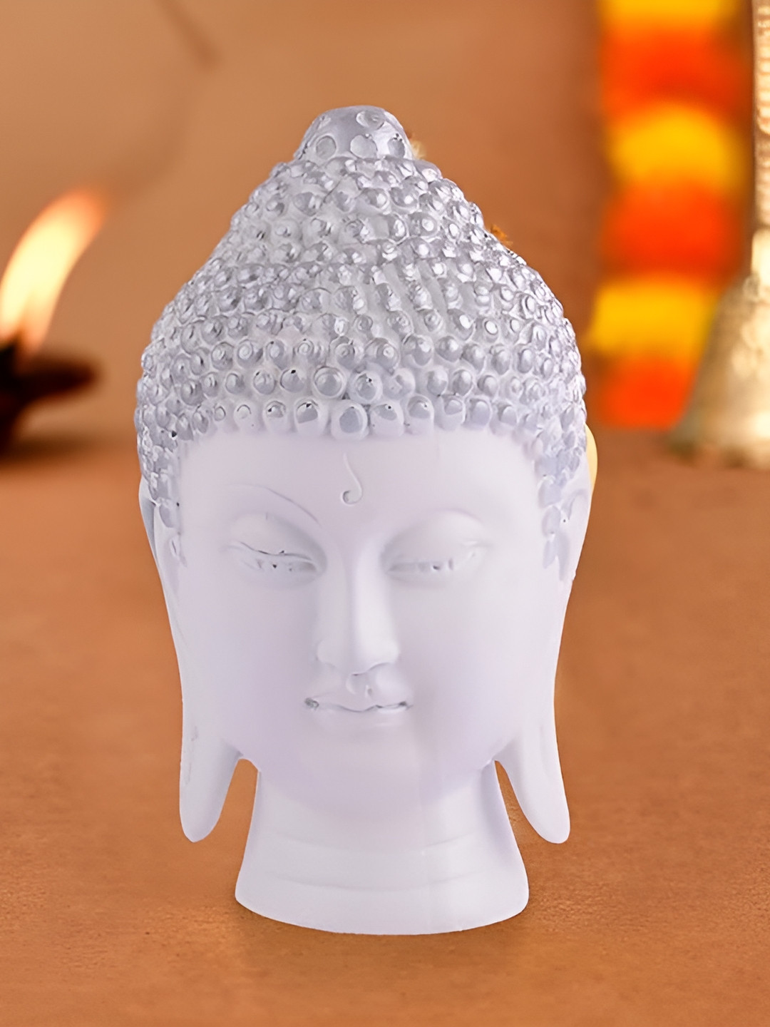 Zart Buddha Head White Polyresin Matte Living Room Small Showpiece - 5 Inches