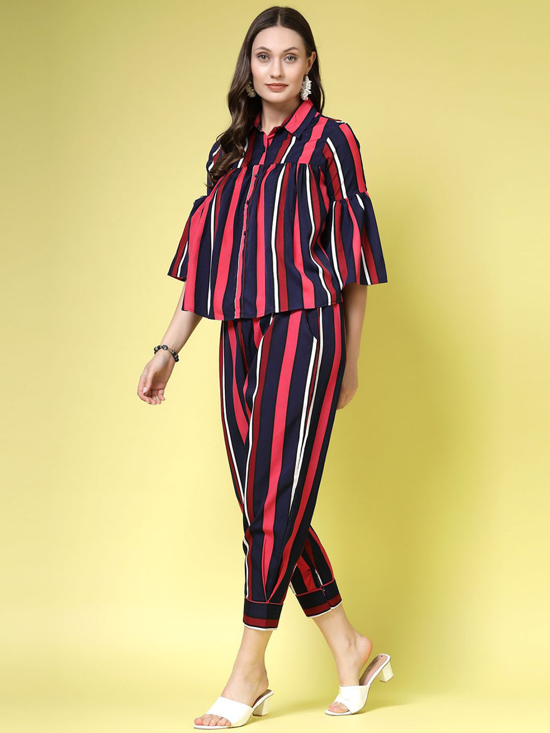 BEING NAUGHTY Striped Shirt Collar Three-Quarter Sleeves Shirt With Trouser