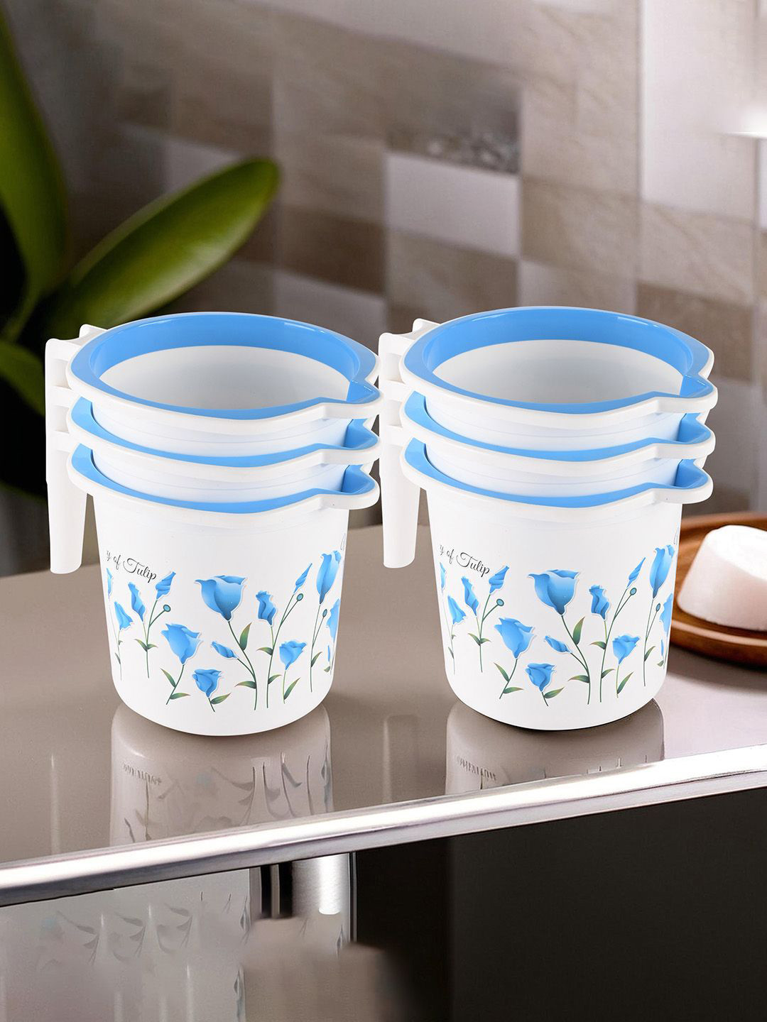 Kuber Industries Blue & White 6 Piece Floral Multi-Functional Bathroom Mug- 1.5 ltr