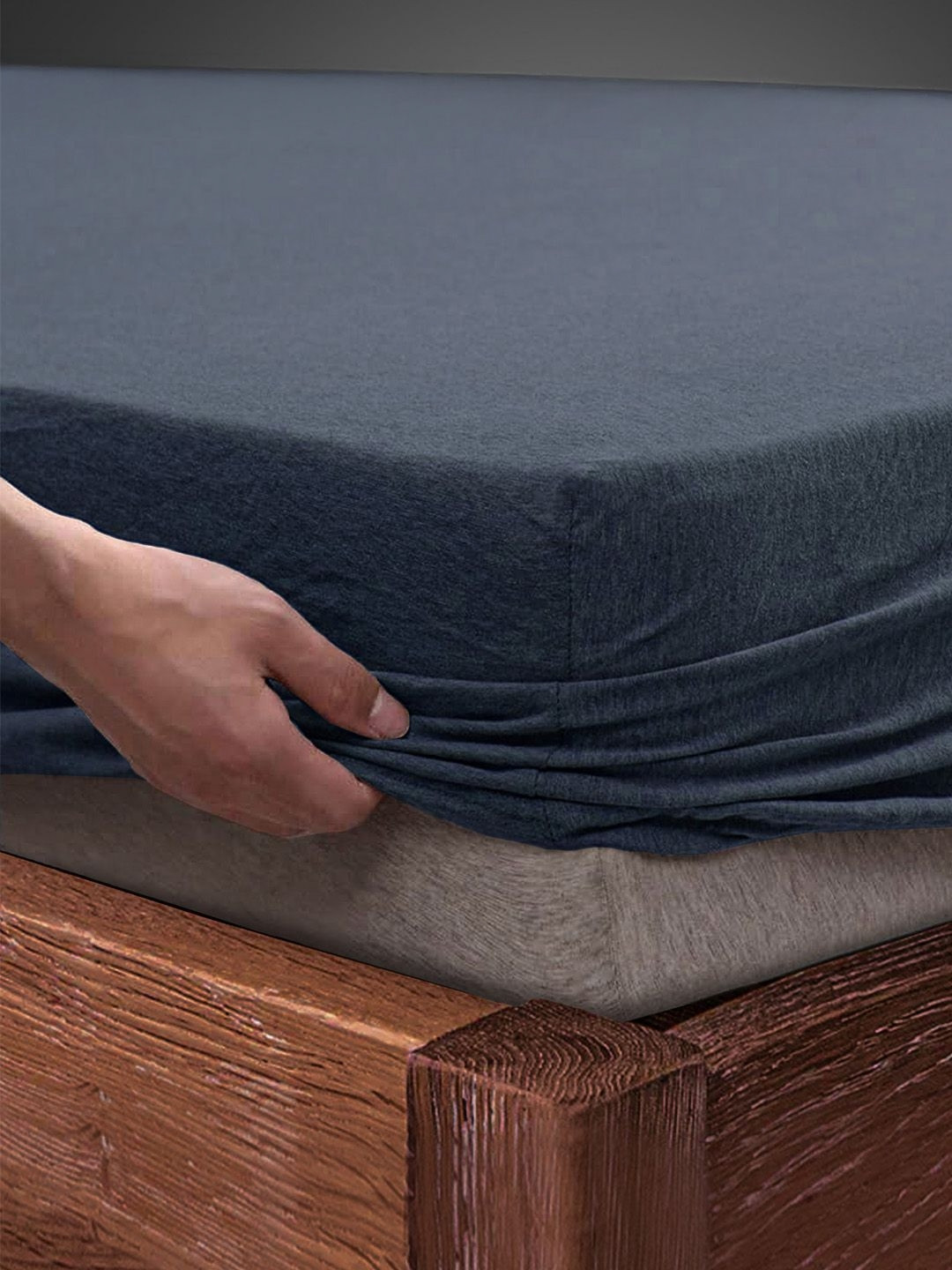 SleepyCat Jersey Navy Blue Solid Polycotton Wrinkle Free 120 TC Fitted Queen Bedsheet with 2 Pillow Covers-198 x 154 cm