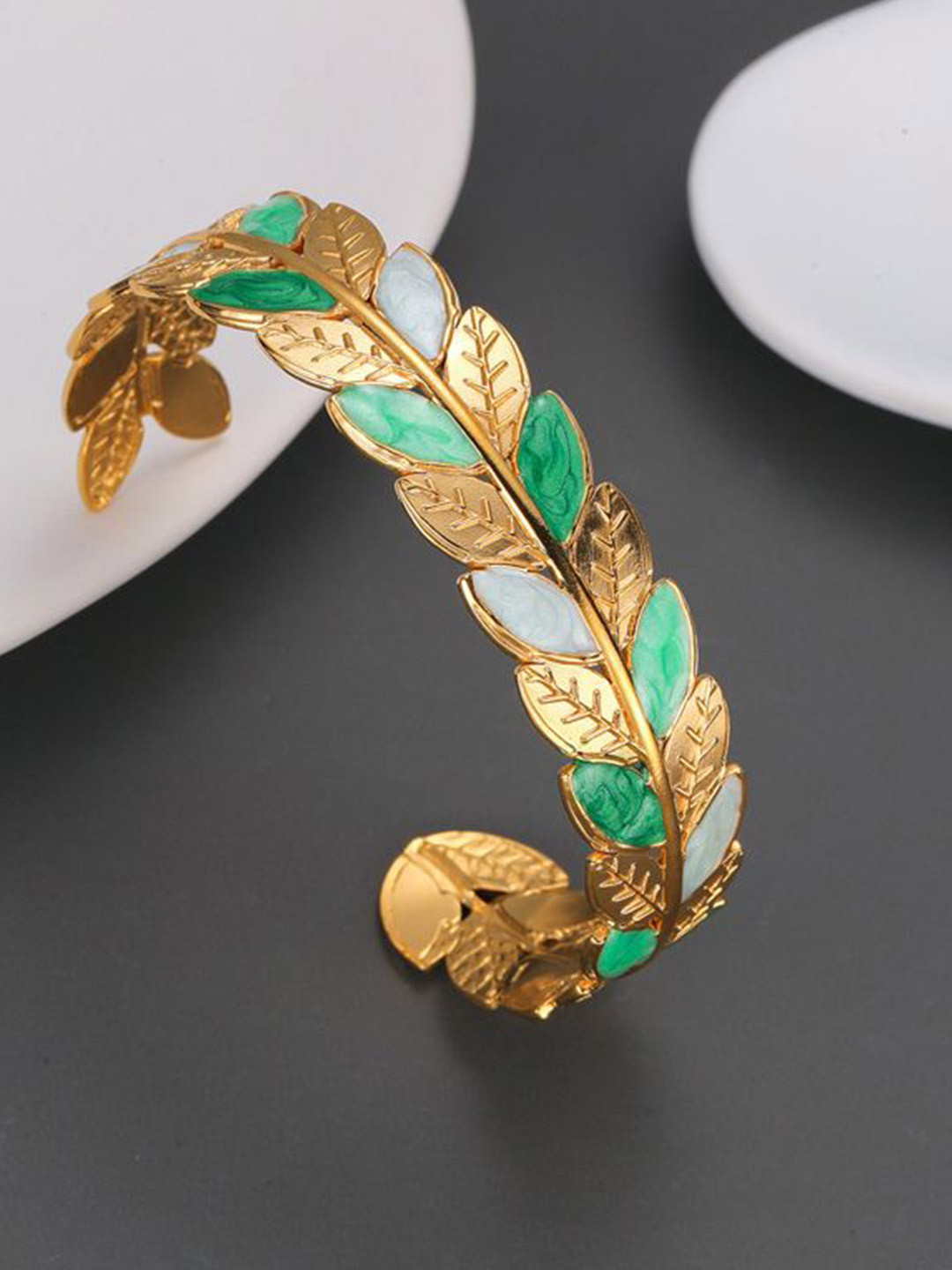Just Lil Things Enamelled Open Leaf Shaped Cuff Bracelet