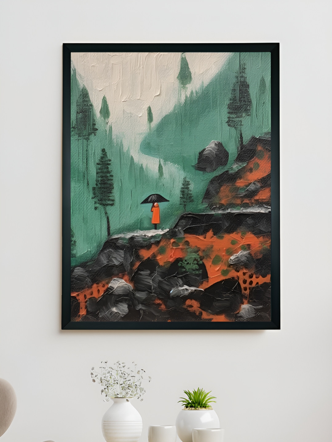 SOWPEACE Green & Orange Abstract Printed Canvas Wall Painting