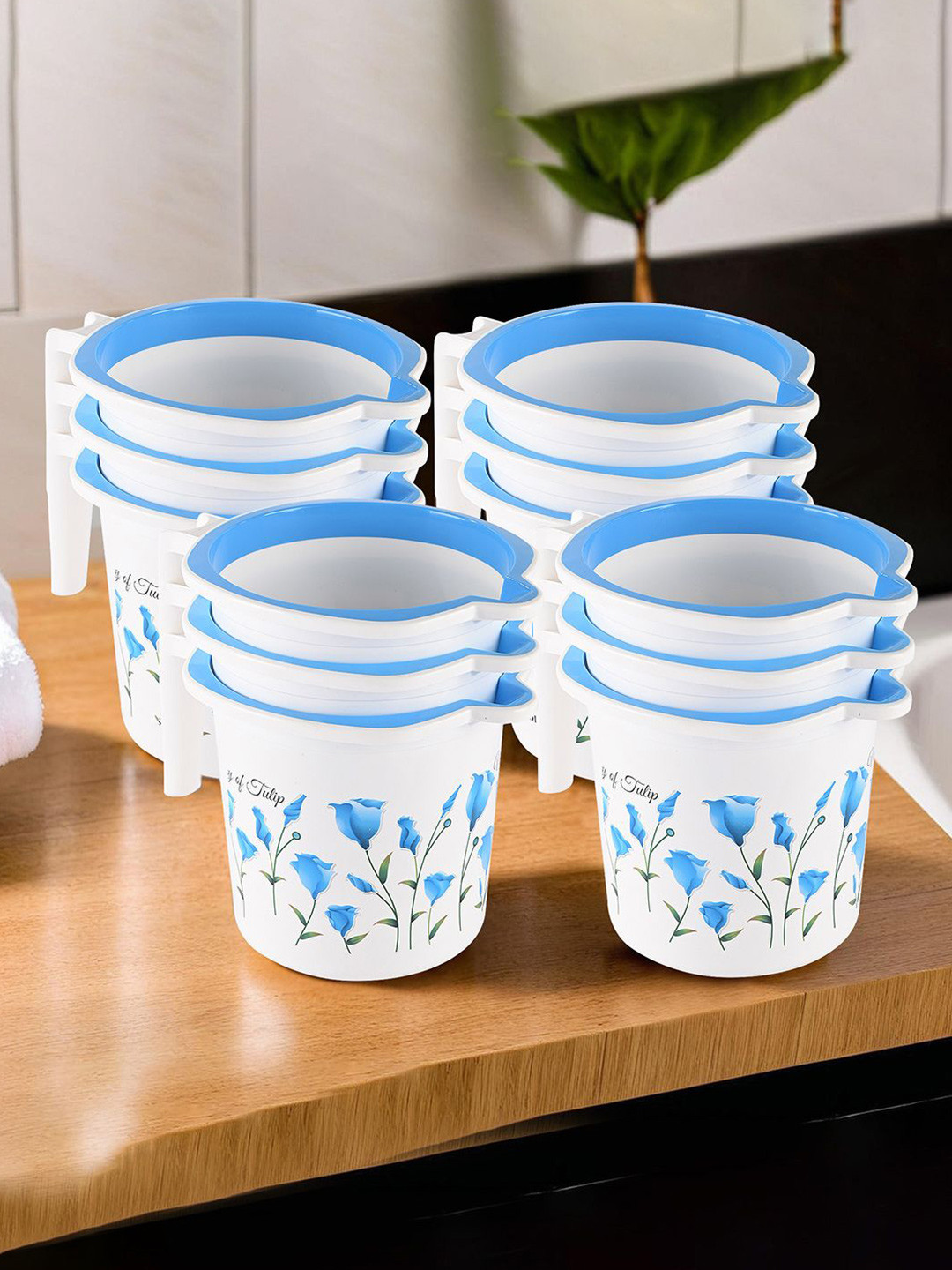 Kuber Industries Blue & White 12 Piece Tulip Printed Bathroom Mug 1.5L