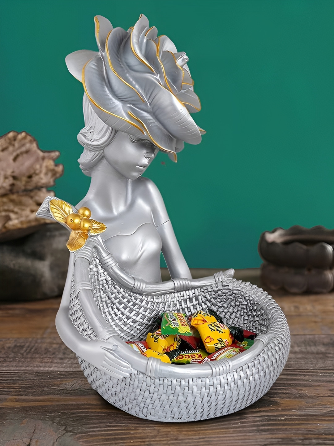 Zart Lady With Basket Grey Polyresin Matte Study Room Medium Showpiece - 11 Inches