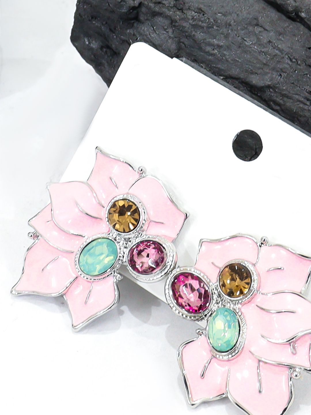 KRENOZ Silver-Plated Stainless Steel Rhinestone Resin Flower Elegant Acrylic Petal Studs
