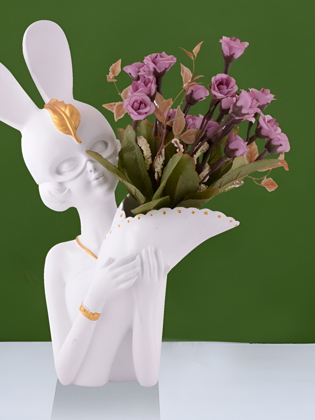 Zart Flower Girl White Polyresin Glossy Living Room Medium Showpiece - 14 Inches