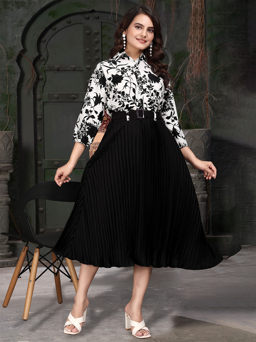 ZELZIS Women Puff Sleeves Crepe Fit - Flare Dress