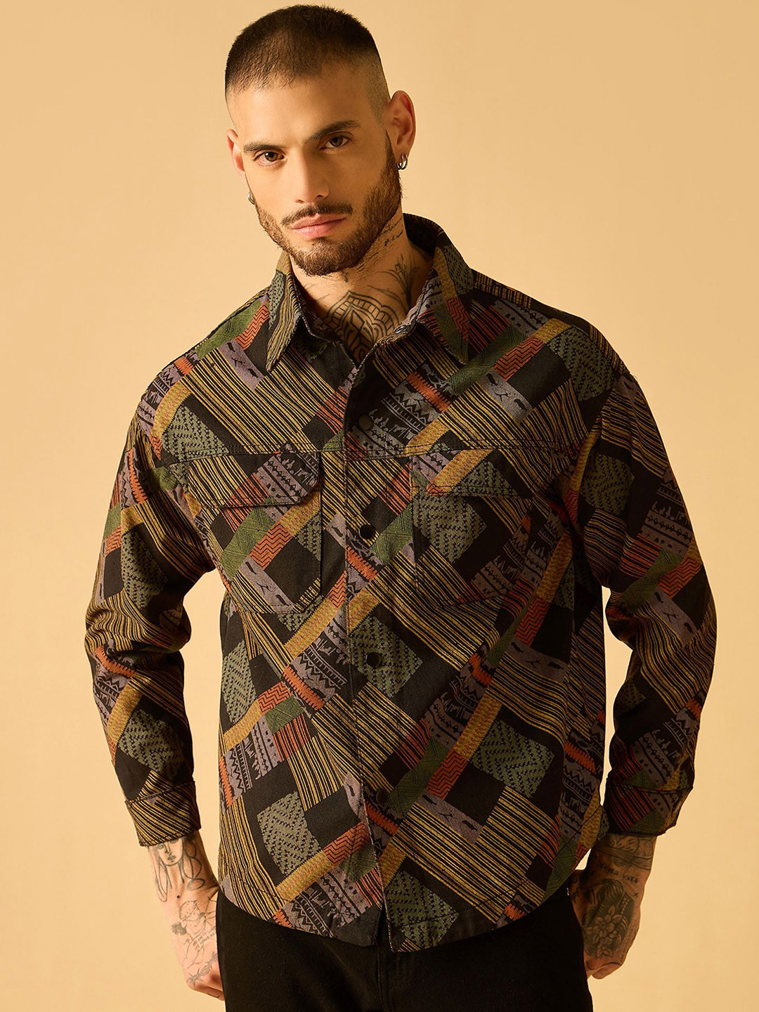 AKS Men Striped Open Front Jacket