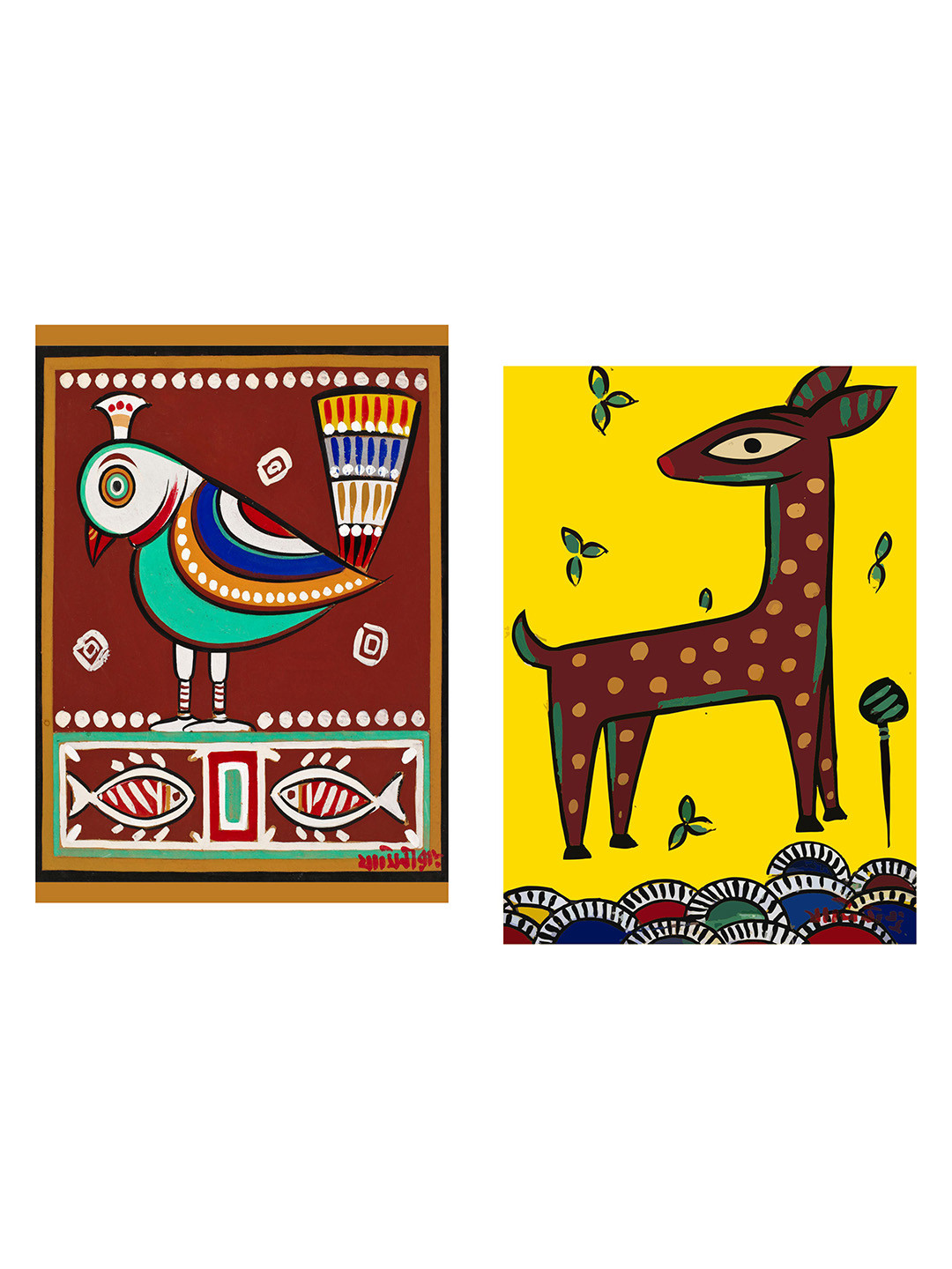 Adventures India Brown & Yellow 2 Piece Birds and Animals Wooden Painting Wall Art