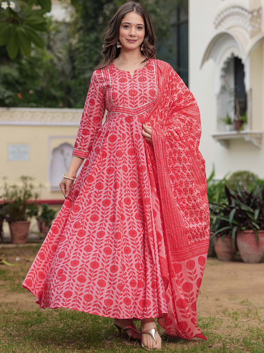Mizaz Women Floral Printed Layered Sequinned Pure Cotton Kurta with Trousers & With Dupatta