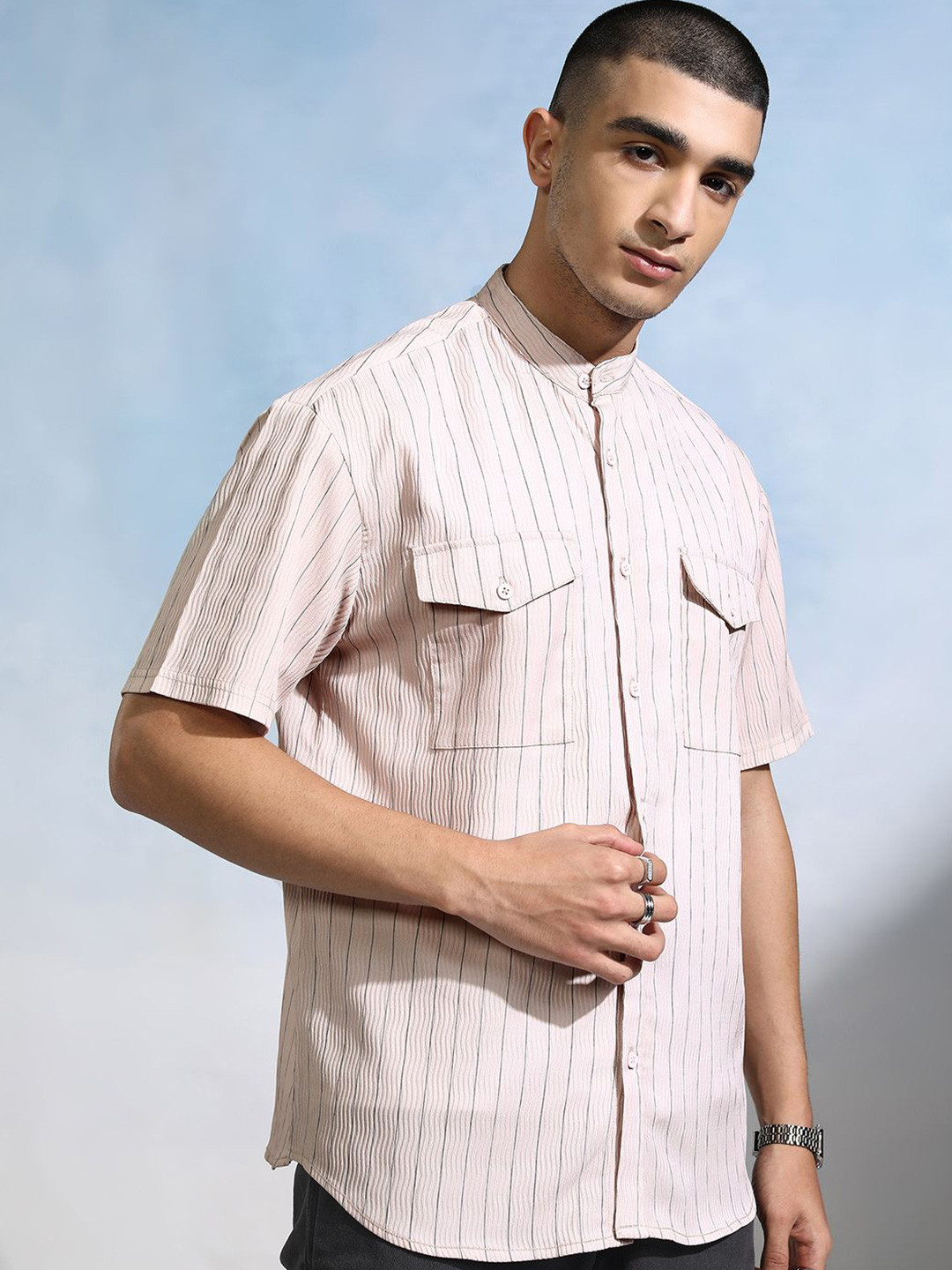 HIGHLANDER Men Popcorn Textured Striped Utility Pocket Mandarin Collar Relaxed Shirt