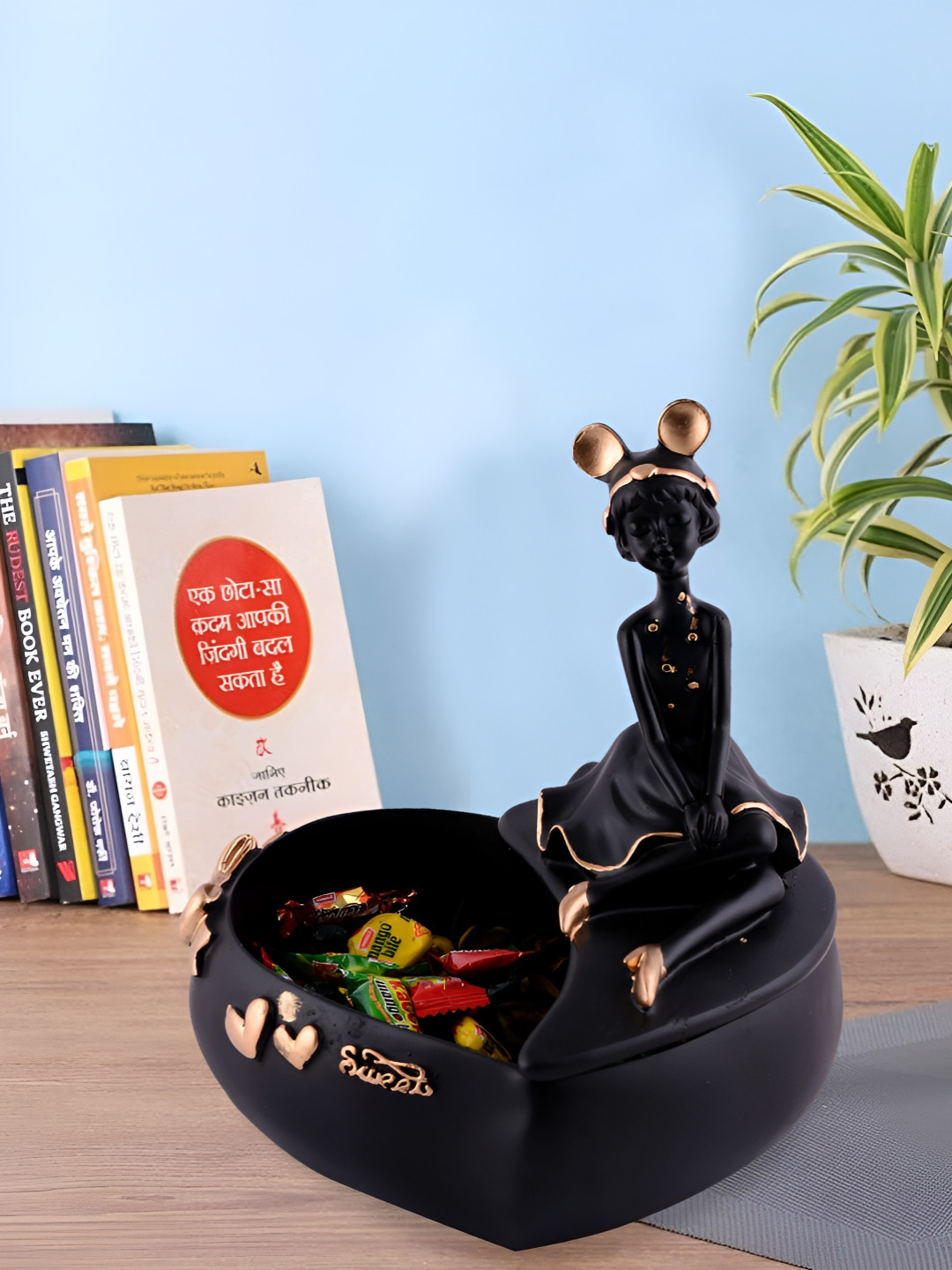 Zart Basket Lady Black Polyresin Matte Living Room Medium Showpiece - 9 Inches