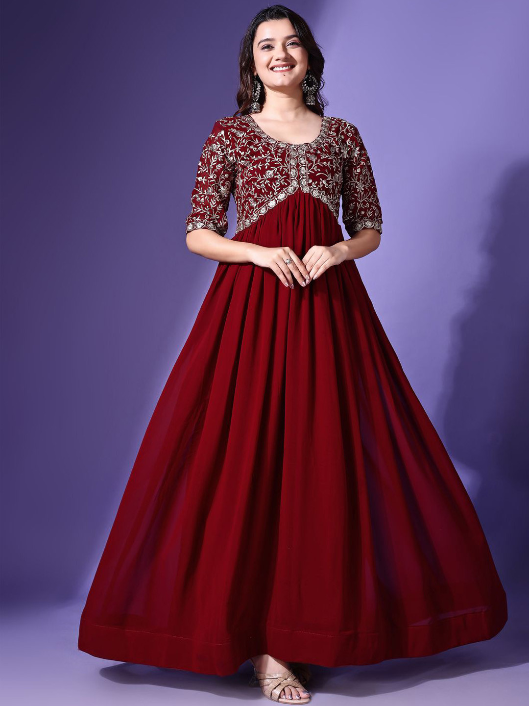 Ethnic Yard Women Floral Embroidered Fit and Flare Maxi Ethnic Dress