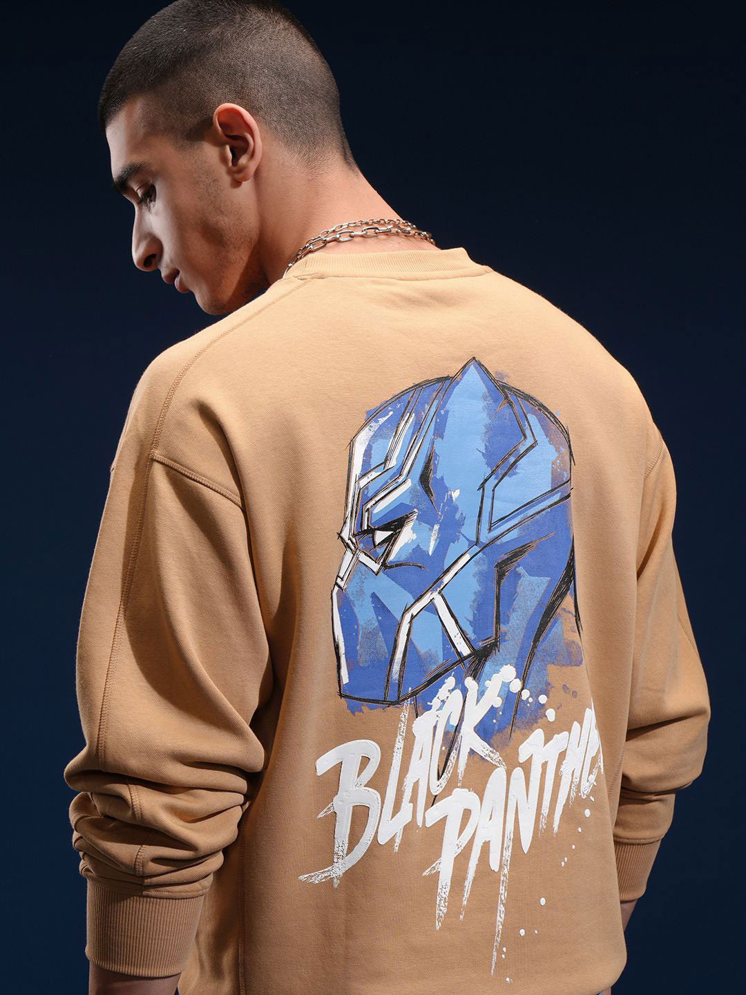 Highlander Marvel Black Panther Men Brown Oversized Drop Shoulder Sweatshirt