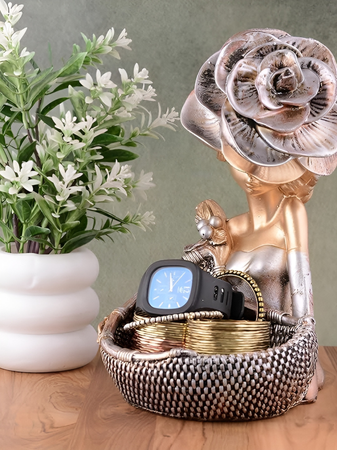 Zart Lady with Basket Copper Polyresin Matte Living Room Medium Showpiece - 12 Inches