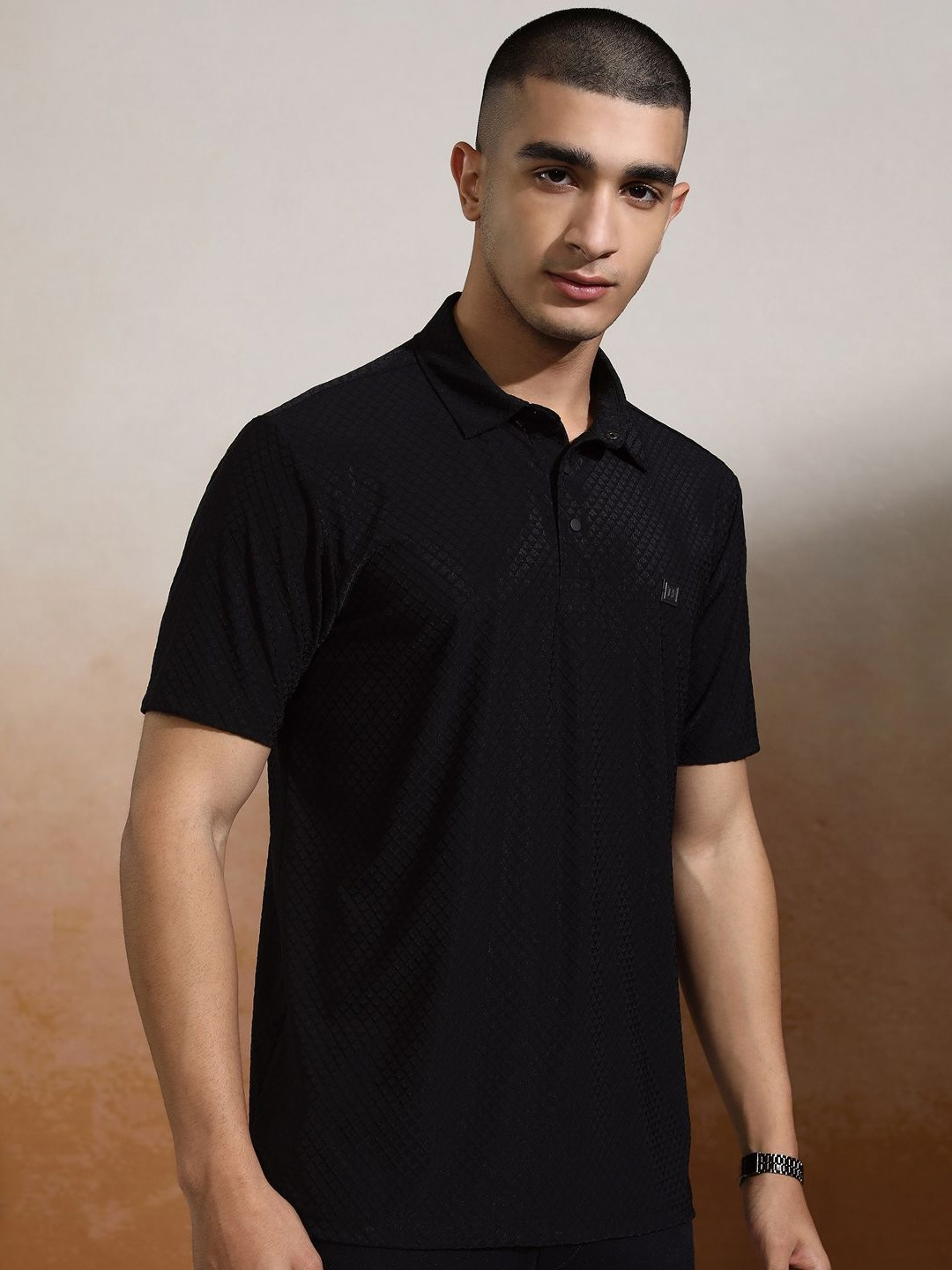 HIGHLANDER Men Clean Finish Knitted Textured Polo Slim Fit Tshirt