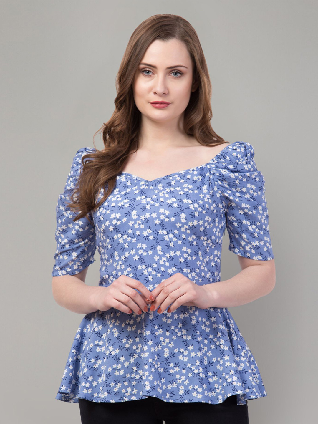 Zuvino Floral Print Sweetheart Neck Puff Sleeve Peplum Top