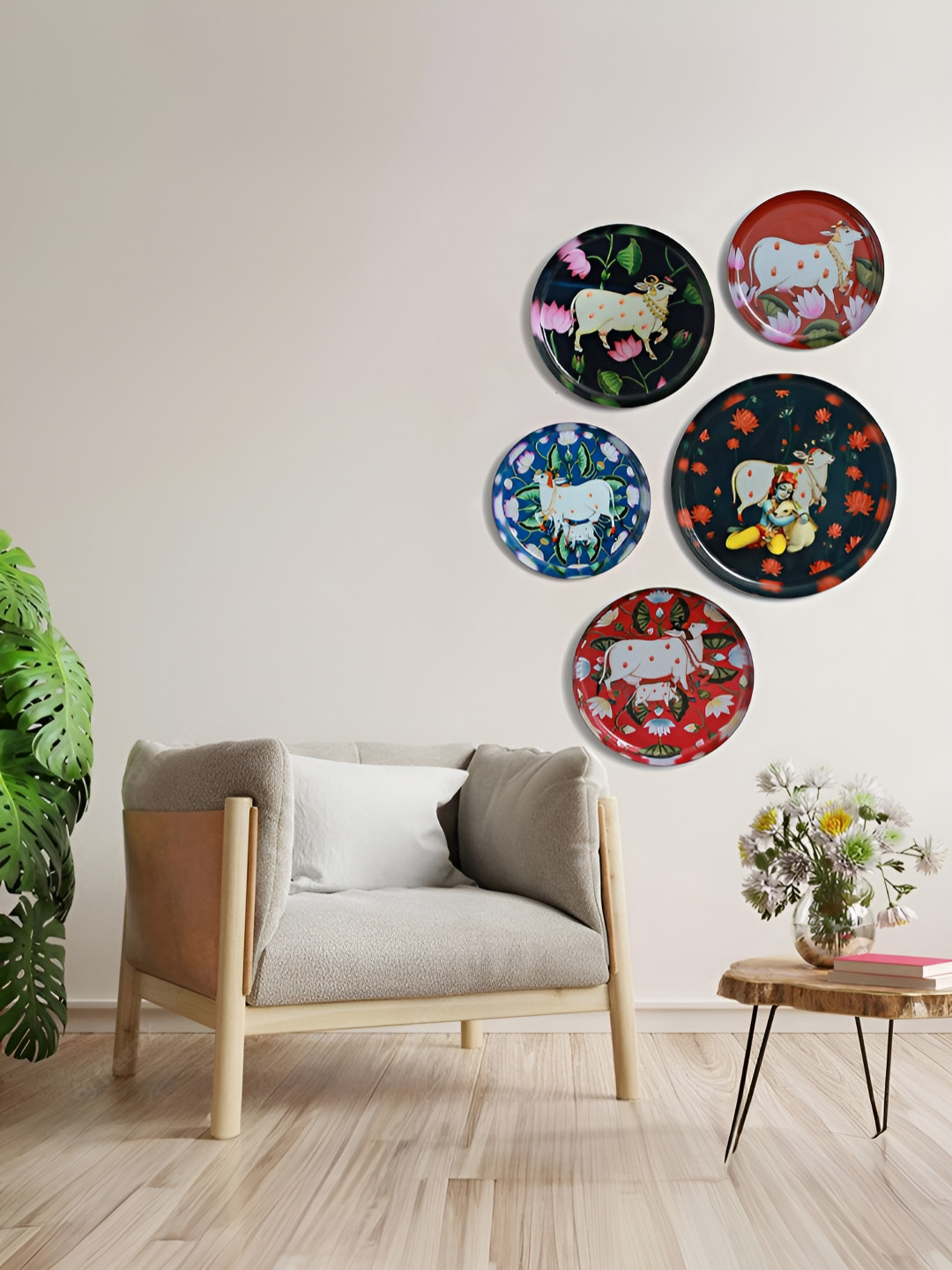 Homspurts Divine Reflections Blue & Red 5 Piece Cows & Lord Kirishna Printed Wall Art