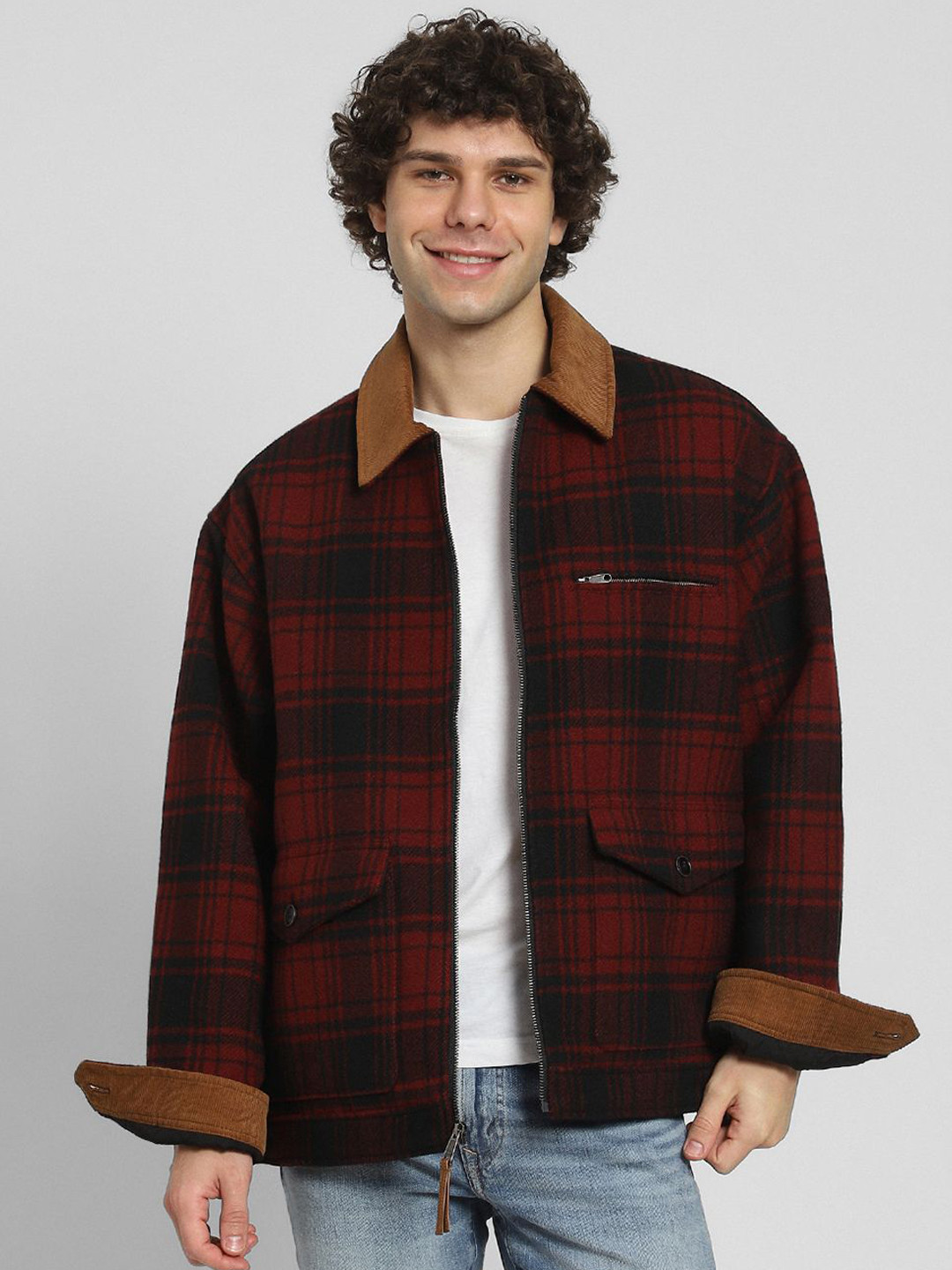 AMERICAN EAGLE OUTFITTERS Men Spread Collar Checked Casual Bomber Jacket