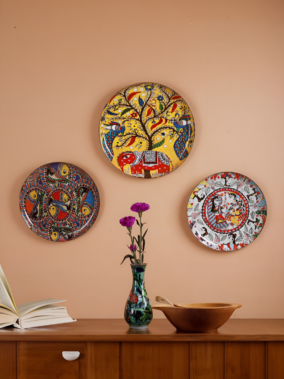 Homspurts Yellow & red 3 Piece Ethnic Motifs Printed Wall Art