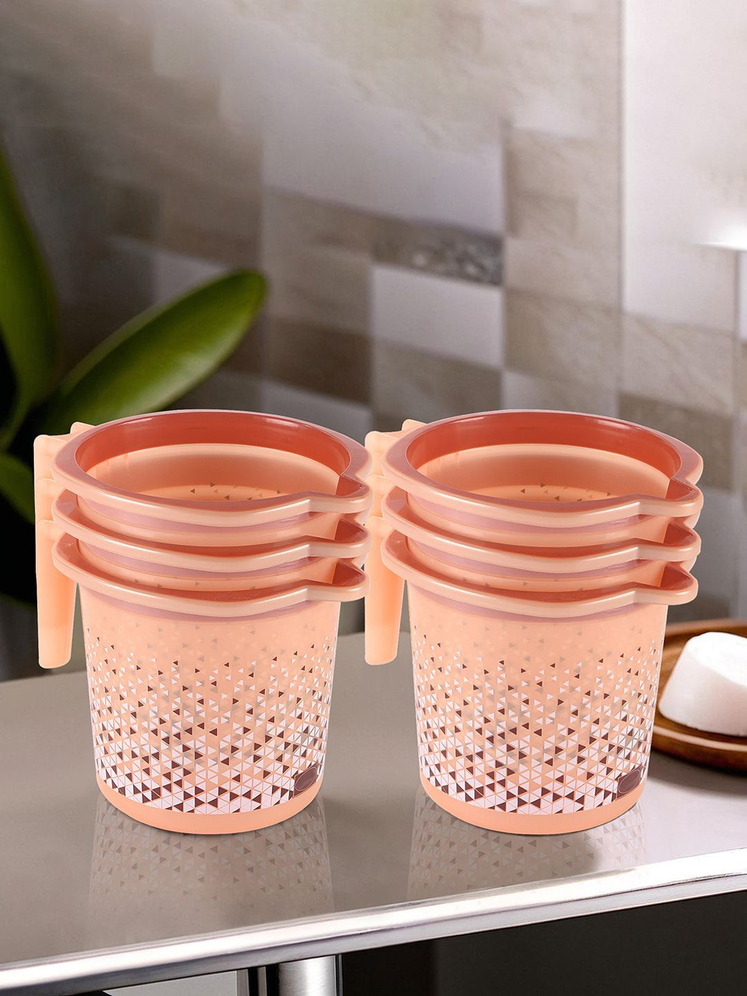 Kuber Industries Beige 6 Piece Geometric Multi-Functional Bathroom Mug- 1.5 ltr