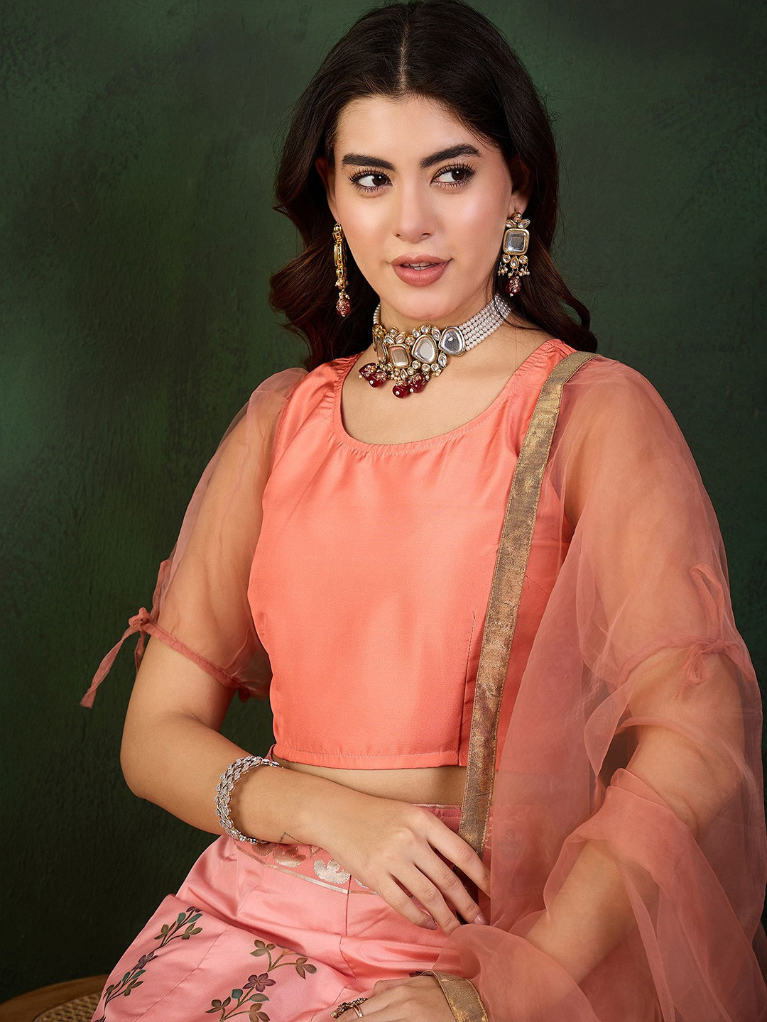 Sangria Placement Printed & Woven Design Lehenga With Choli & Dupatta