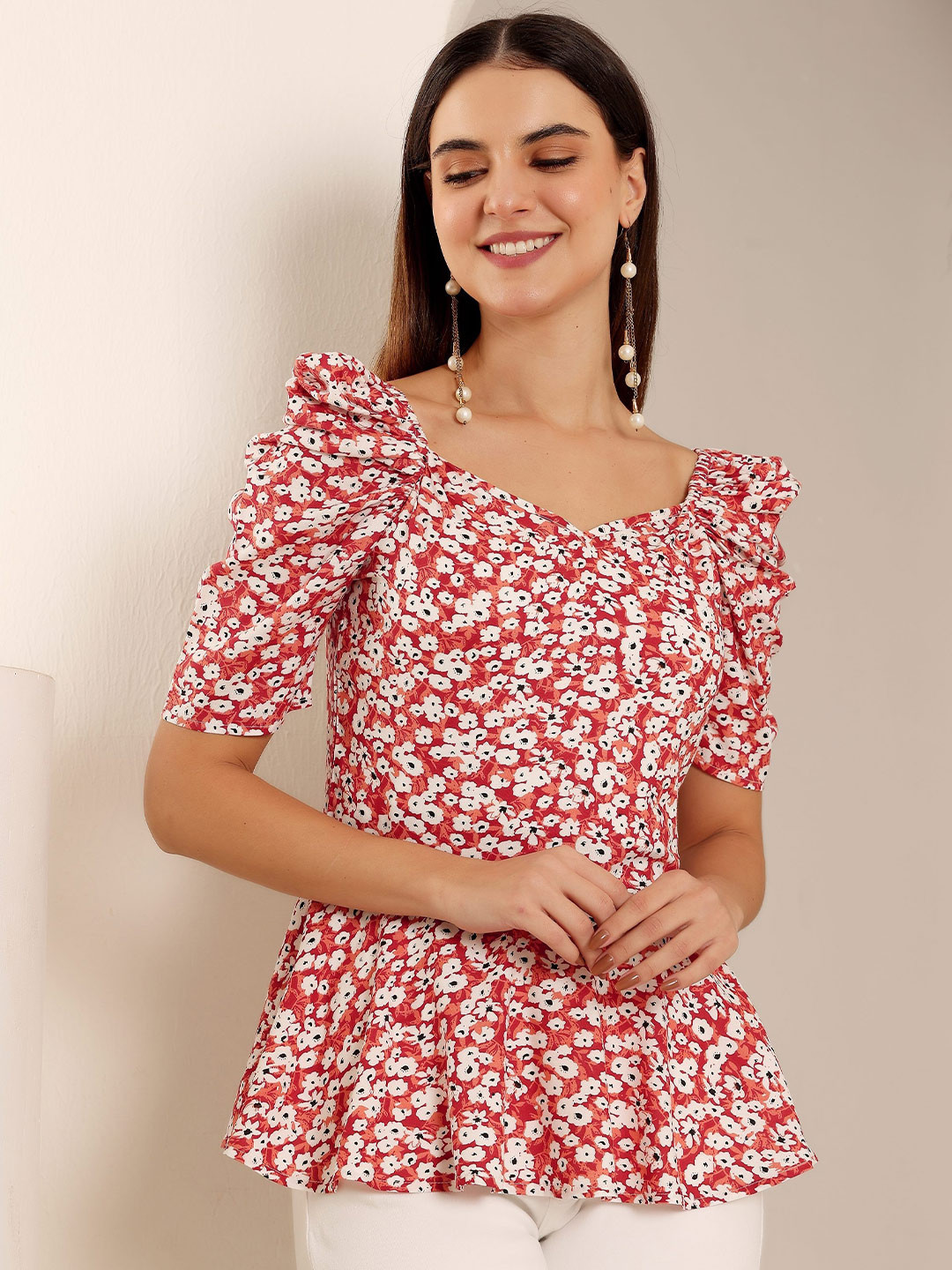 Zuvino Floral Print Sweetheart Neck Puff Sleeve Peplum Top