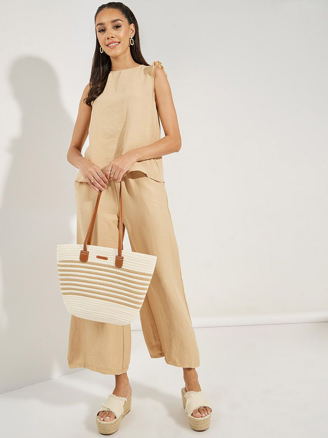 Styli Women Solid Ruffle Sleeve Blouse With Back Buttons & Wide Leg Pants Co-Ord Set