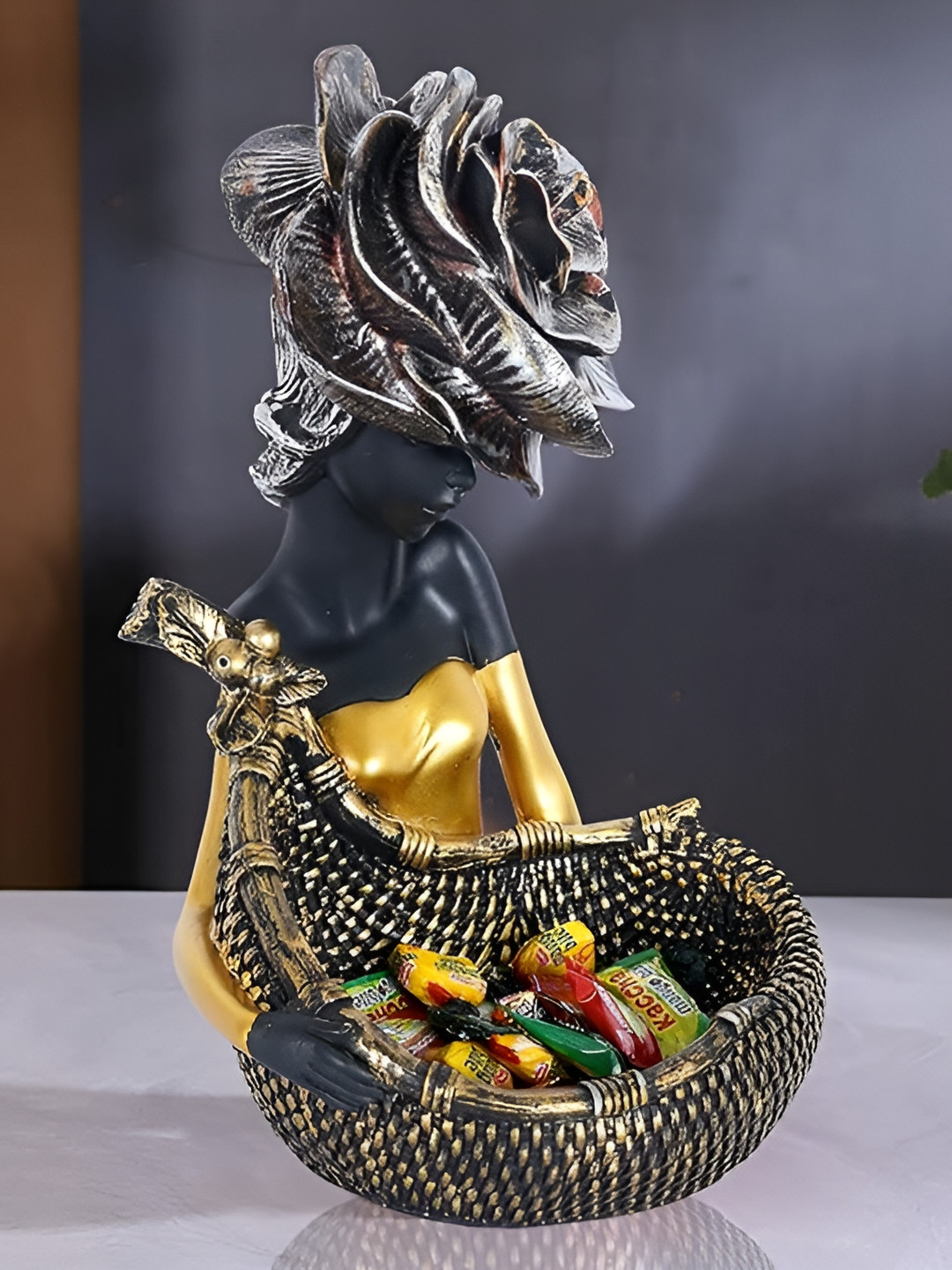 Zart Lady with Basket Black Polyresin Natural Living Room Medium Showpiece - 11 Inches