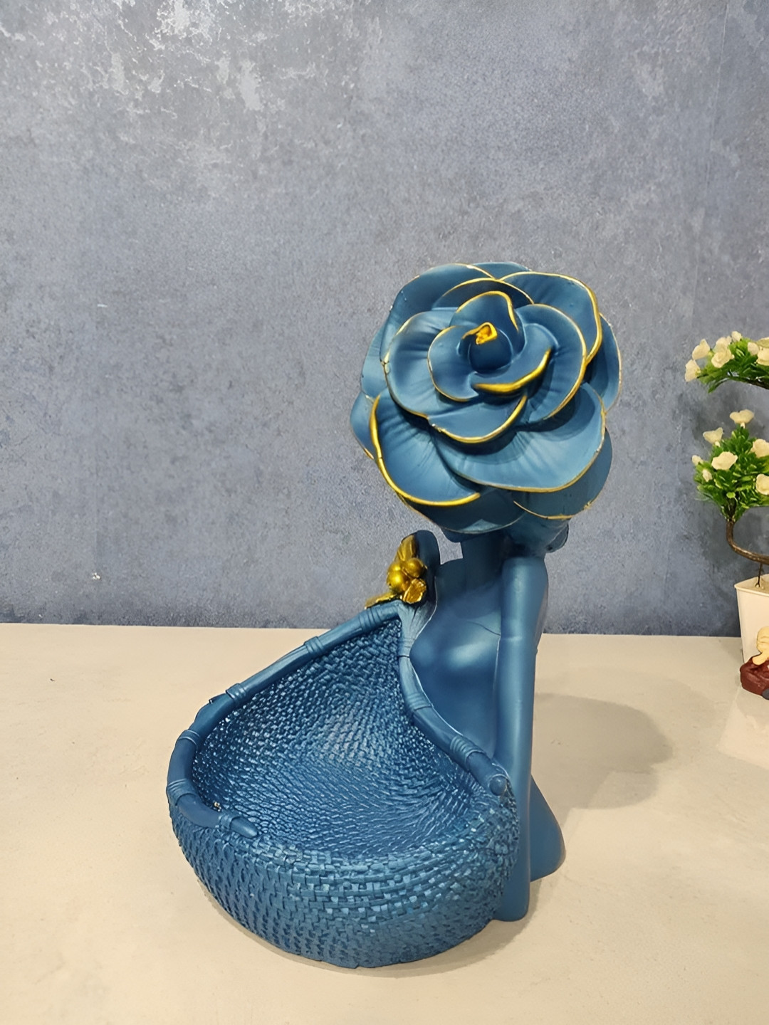 Zart Lady with Basket Blue Polyresin Glossy Living Room Medium Showpiece - 8.8 Inches