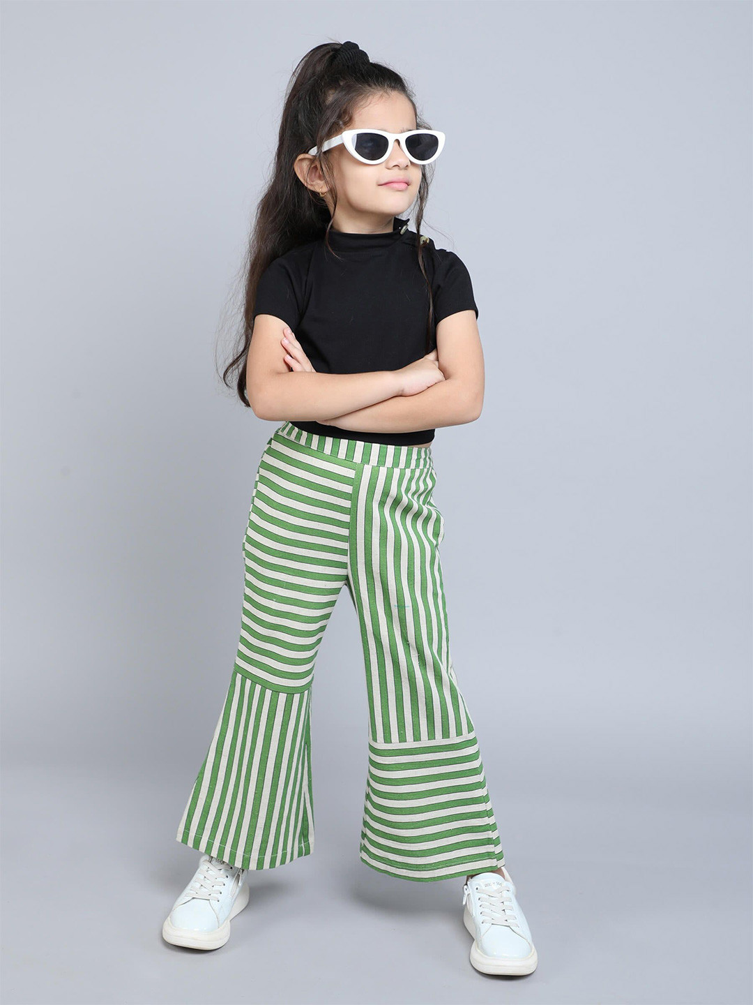 taffykids Girls High Neck Backless Tie-Up Crop Top With Stripe Printed Trousers
