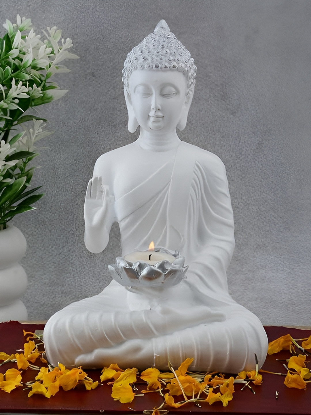Zart Candal Buddha White Polyresin Matte Living Room Medium Showpiece - 10.5 Inches