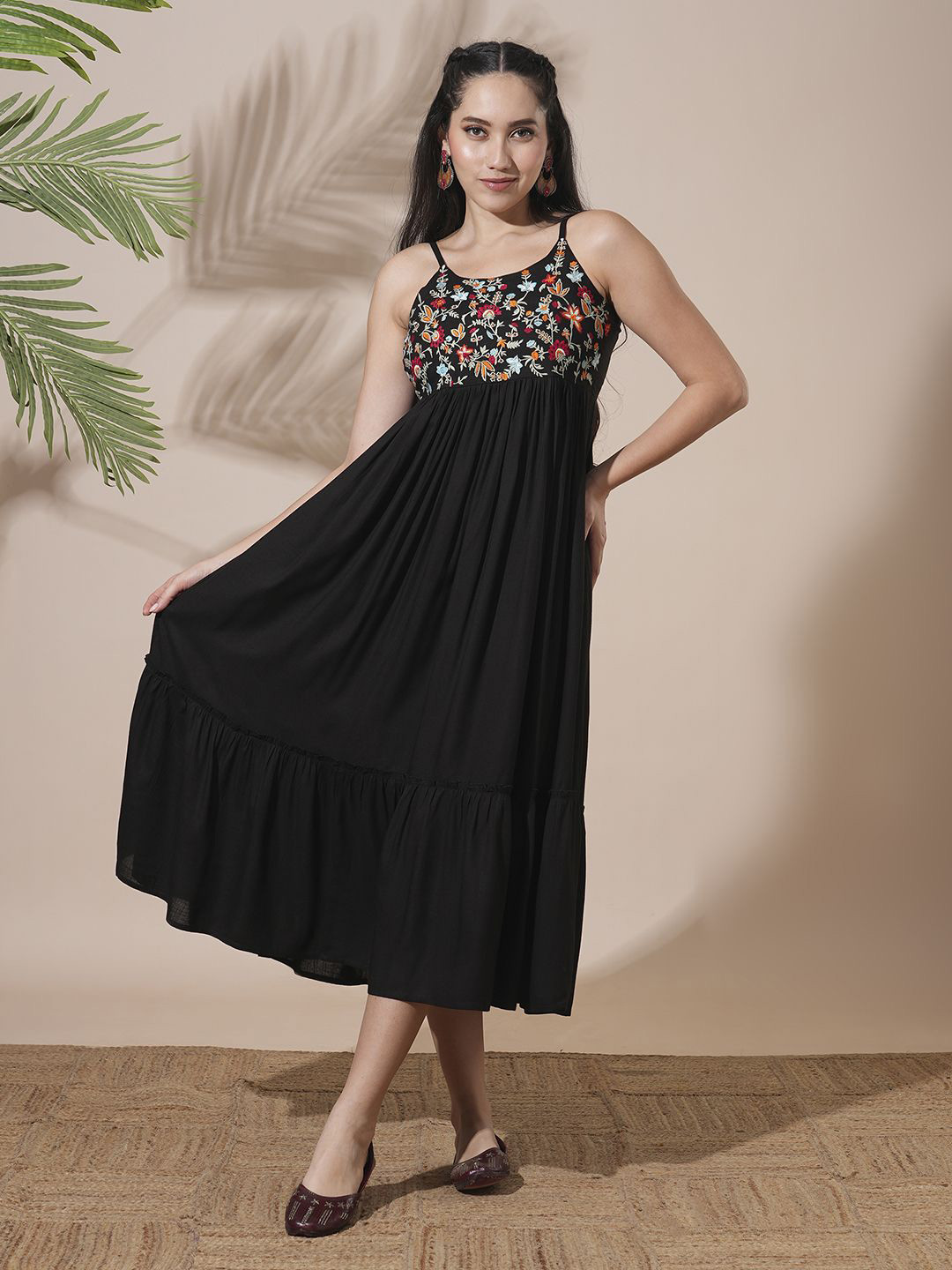 Globus Floral Embroider Yoke Shoulder Straps Smocked Fit & Flare Tiered Midi Fusion Dress