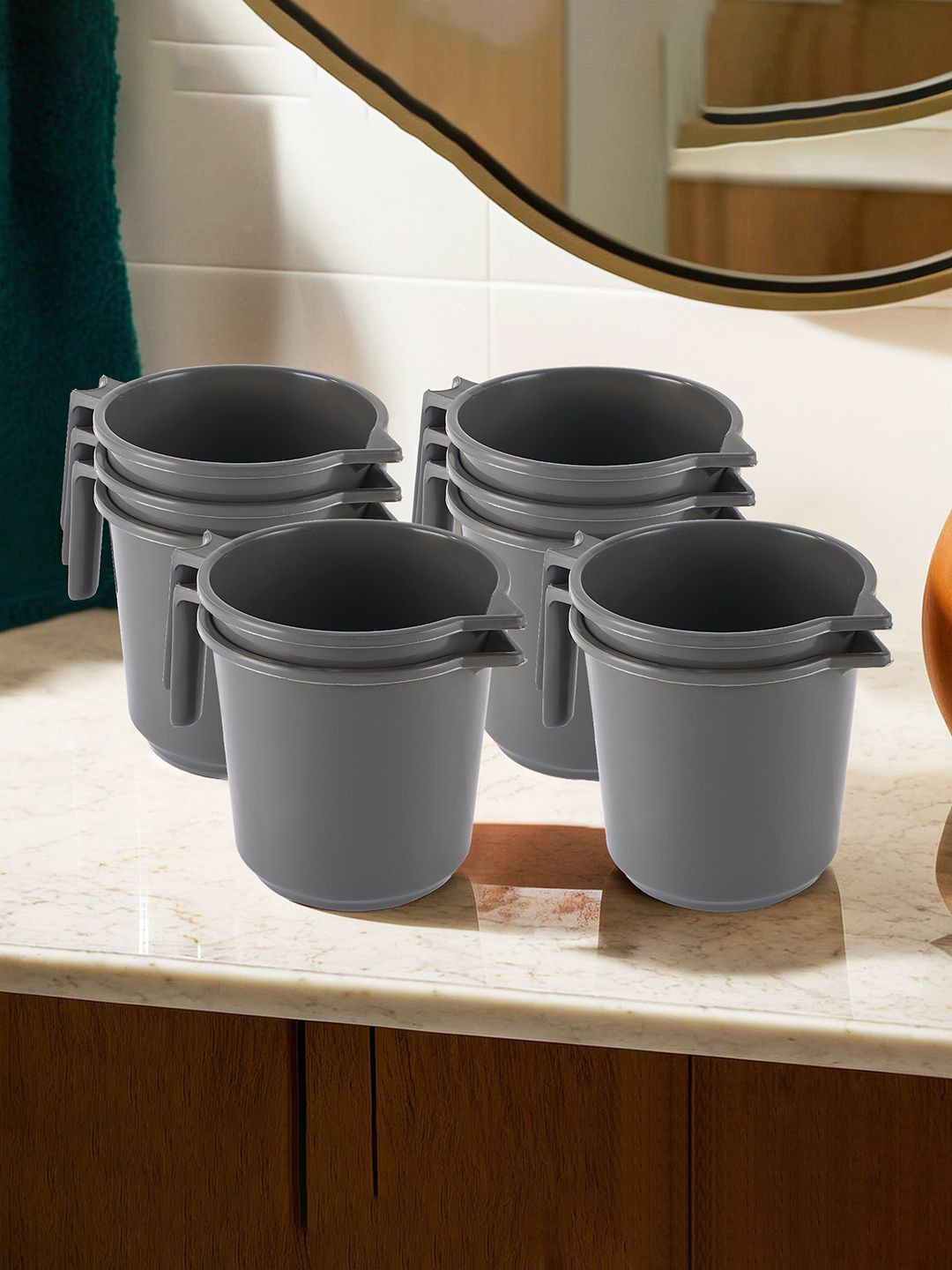 Kuber Industries Grey 10 Piece Floral Multi-Functional Bathroom Mug- 1 ltr
