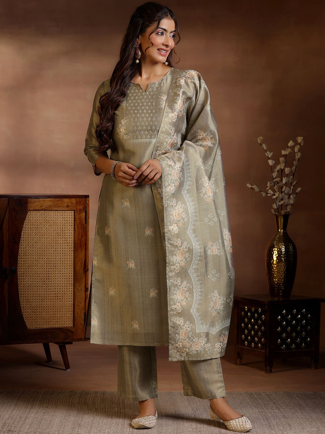 Libas Women Floral Printed Regular Sequinned Pure Silk Kurta with Trousers & With Dupatta