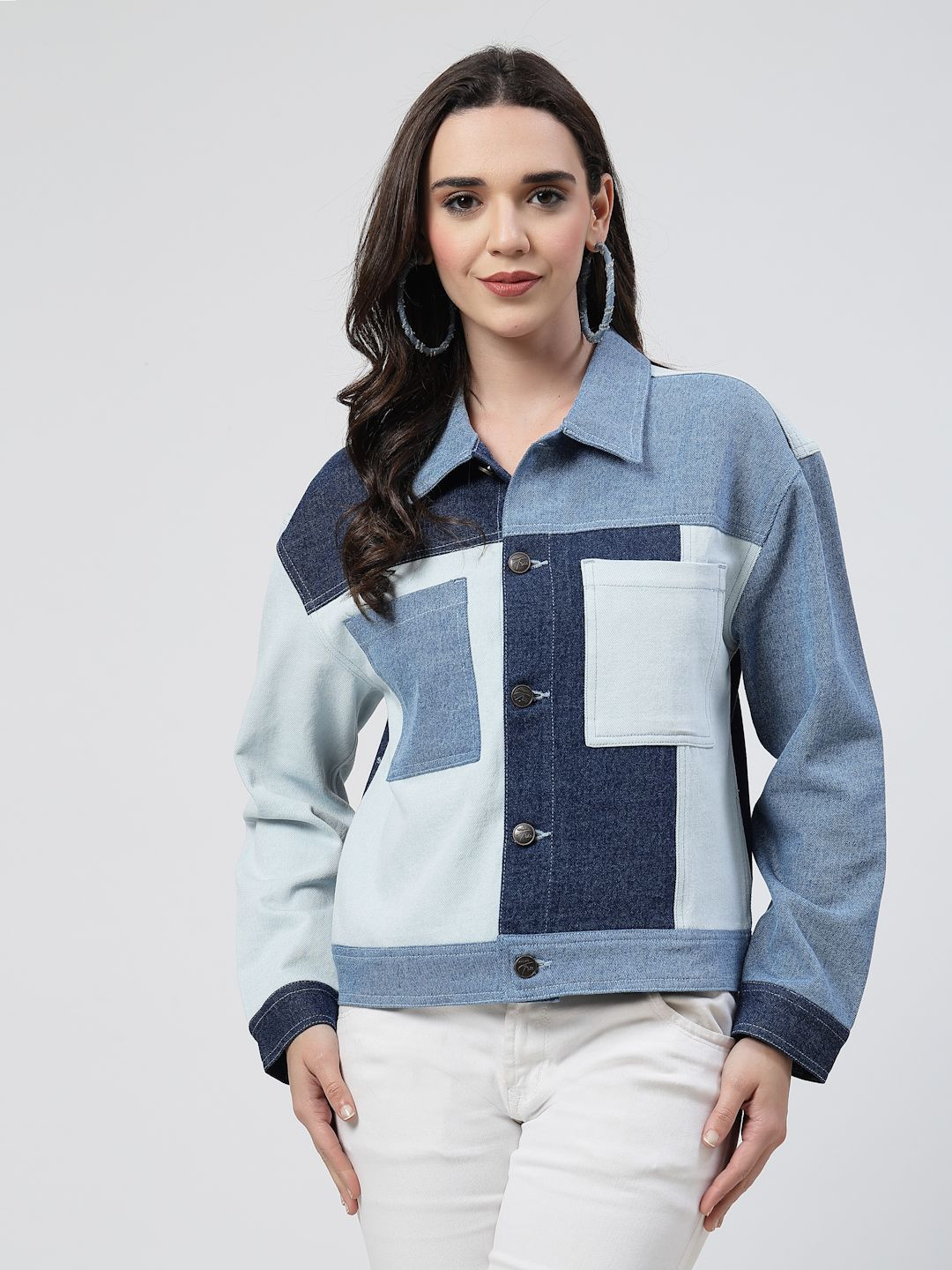 COSMIC TRIO Women Spread Collar Colourblocked Cotton Casual Lightweight Denim Jacket
