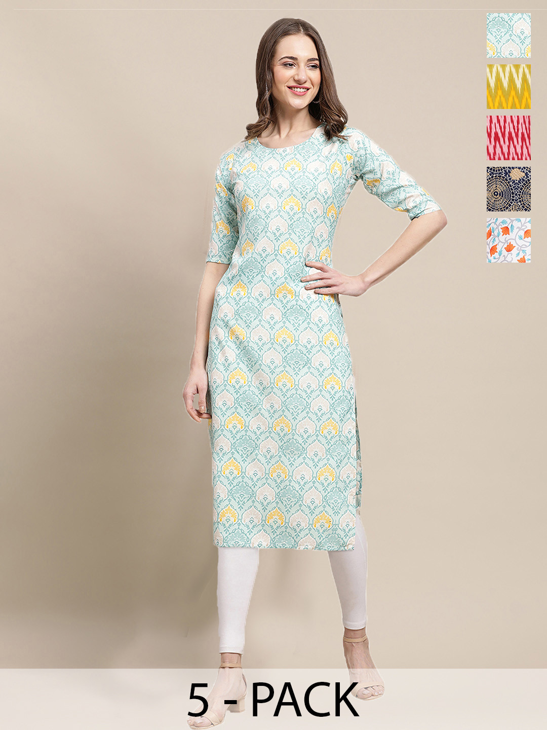 7Threads Pack of 5 Ethnic Prints Printed Round Neck Kurtas