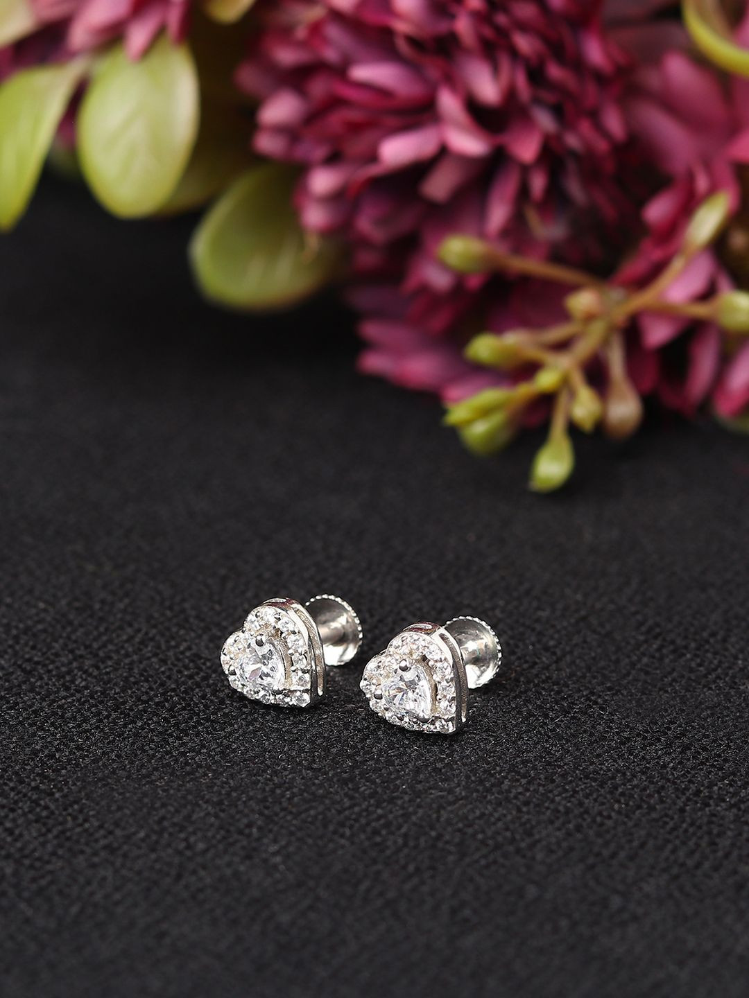 AKSHAT SAPPHIRE 925 Sterling Silver Rhodium-Plated CZ Studded Heart Shaped Studs Earrings