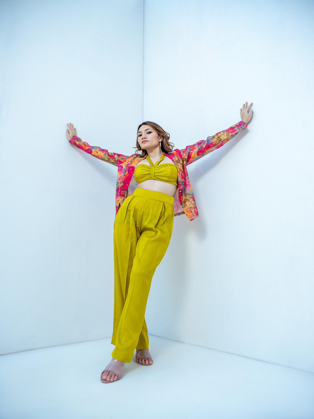 GARDEN PARTY Printed Hater Neck Top & Trousers With Jacket Co-ords