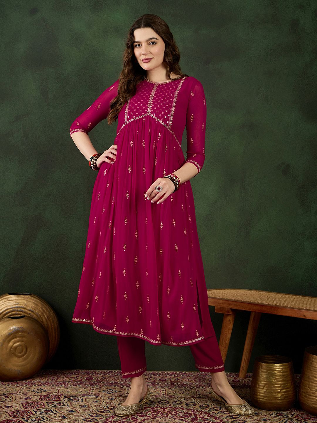 Sangria Embroidered With Foil Printed Alia Cut Kurta With Pant