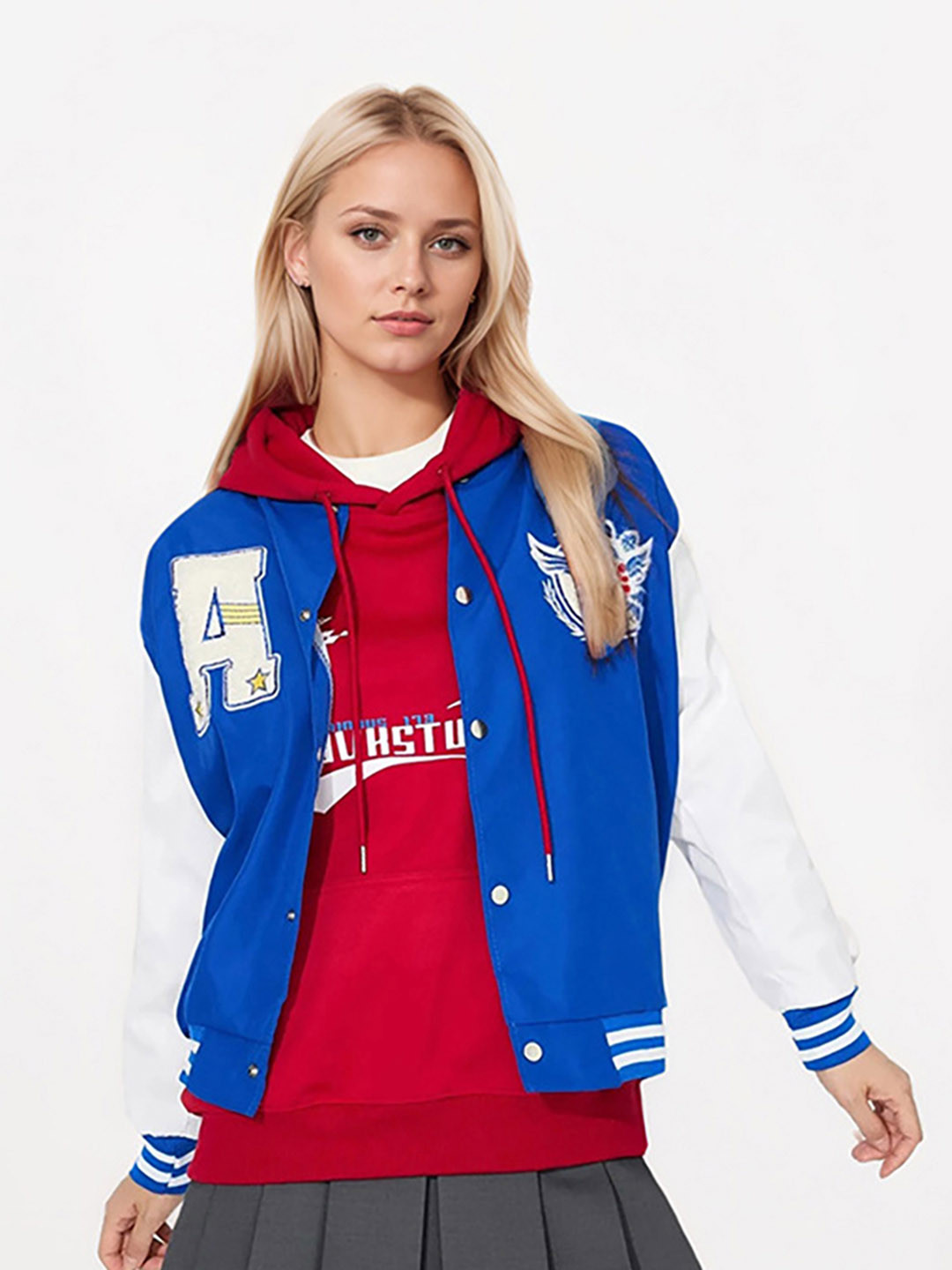 JC Mode Women Stand Collar Graphic Printed Casual Varsity Jacket