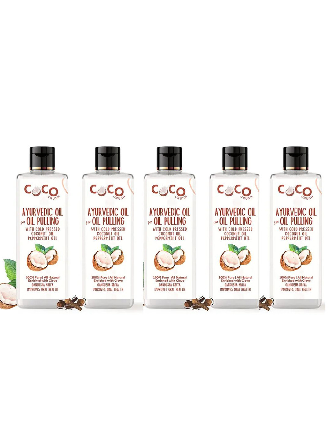 Coco Crush Set Of 5 Ayurvedic Natural Coconut & Peppermint Oral Oil Pulling - 200 ml Each