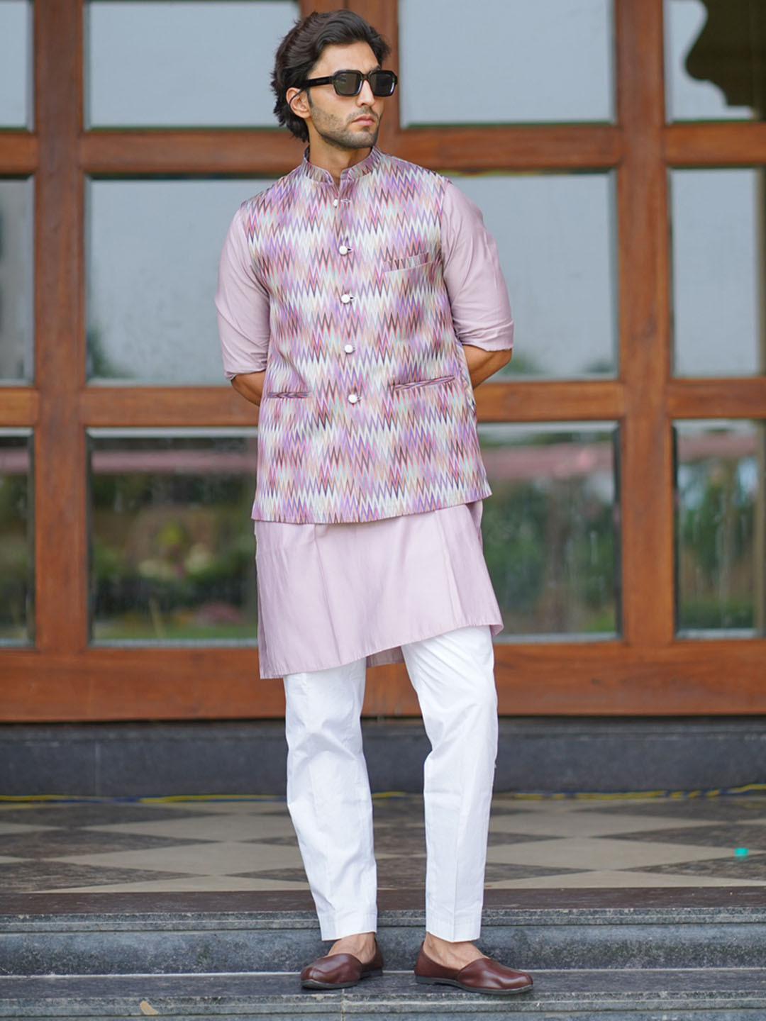 The Kurta Studio Mandarin Collar Straight Kurta with Trousers & Zig Zag Nehru jacket