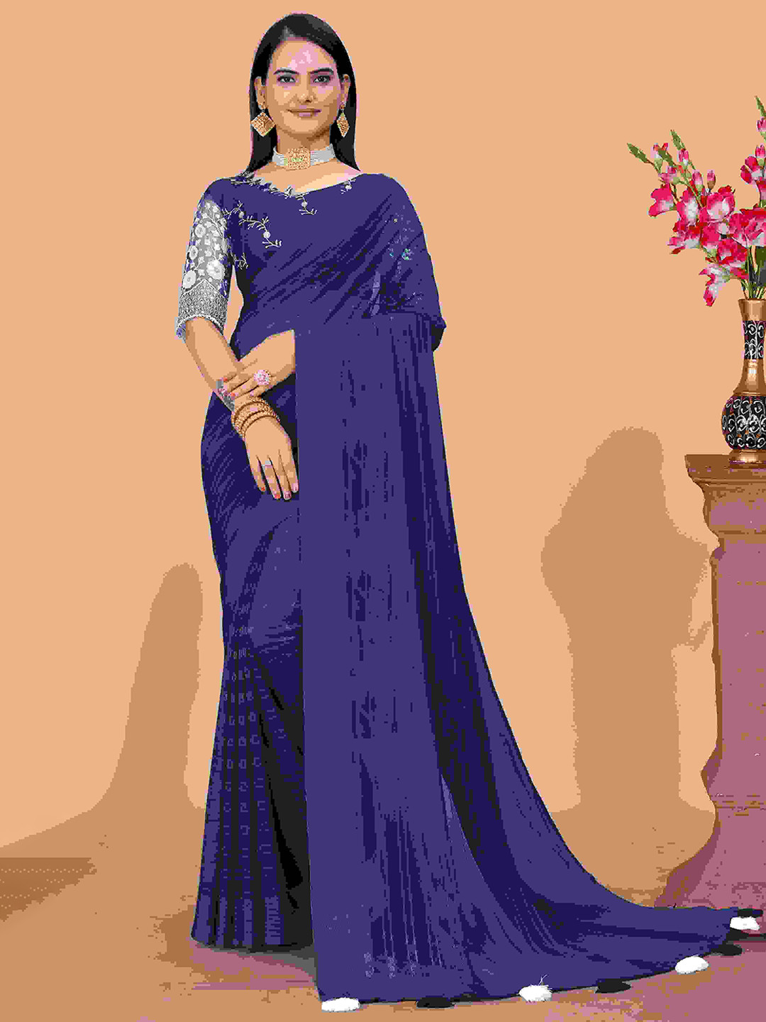 K 5 Fashion Striped Sequinned Poly Georgette Designer Saree