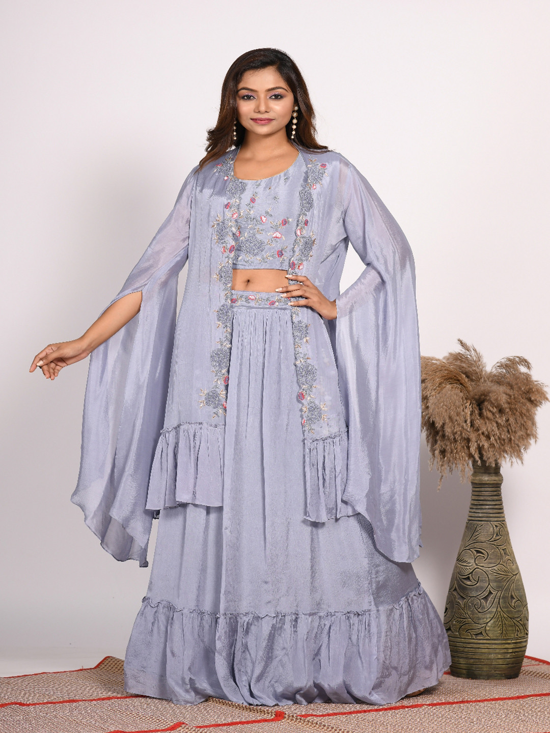 Morchari Embroidered Round-Neck Top With Maxi Skirt & Embroidered Jacket Co-Ords