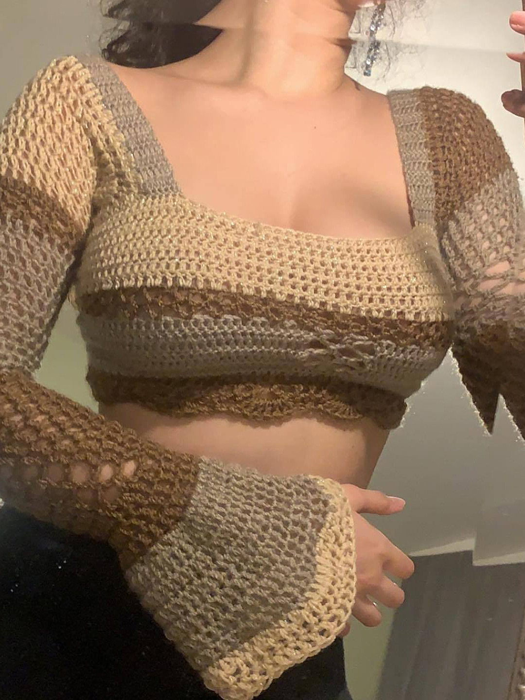 LULU & SKY Crochet Self Design Square Neck Bell Sleeves Fitted Crop Top