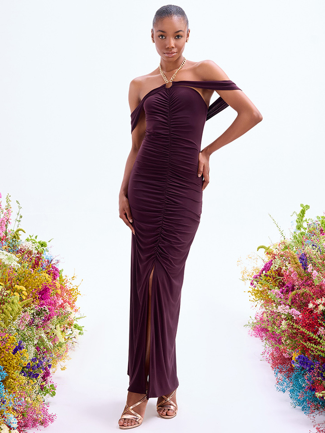 COVER STORY Women Brown Off-Shoulder Gathered Or Pleated Maxi Dress