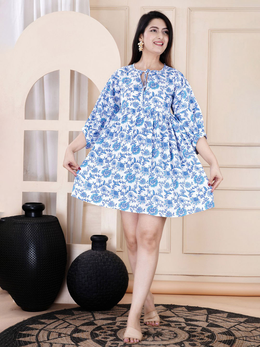 MANOJAVA Floral Printed Keyhole Neck Puff Sleeve A-Line Dress